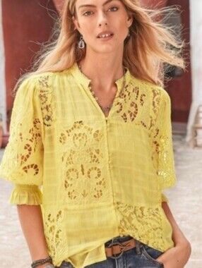 SUNDANCE I NWT Lemon Yellow Garbo Lace Eyelet Boho Button Up Blouse Top, XL